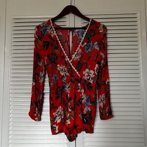 Mind Code | Floral Surplice Long Sleeved Boho Lace Trimmed Romper